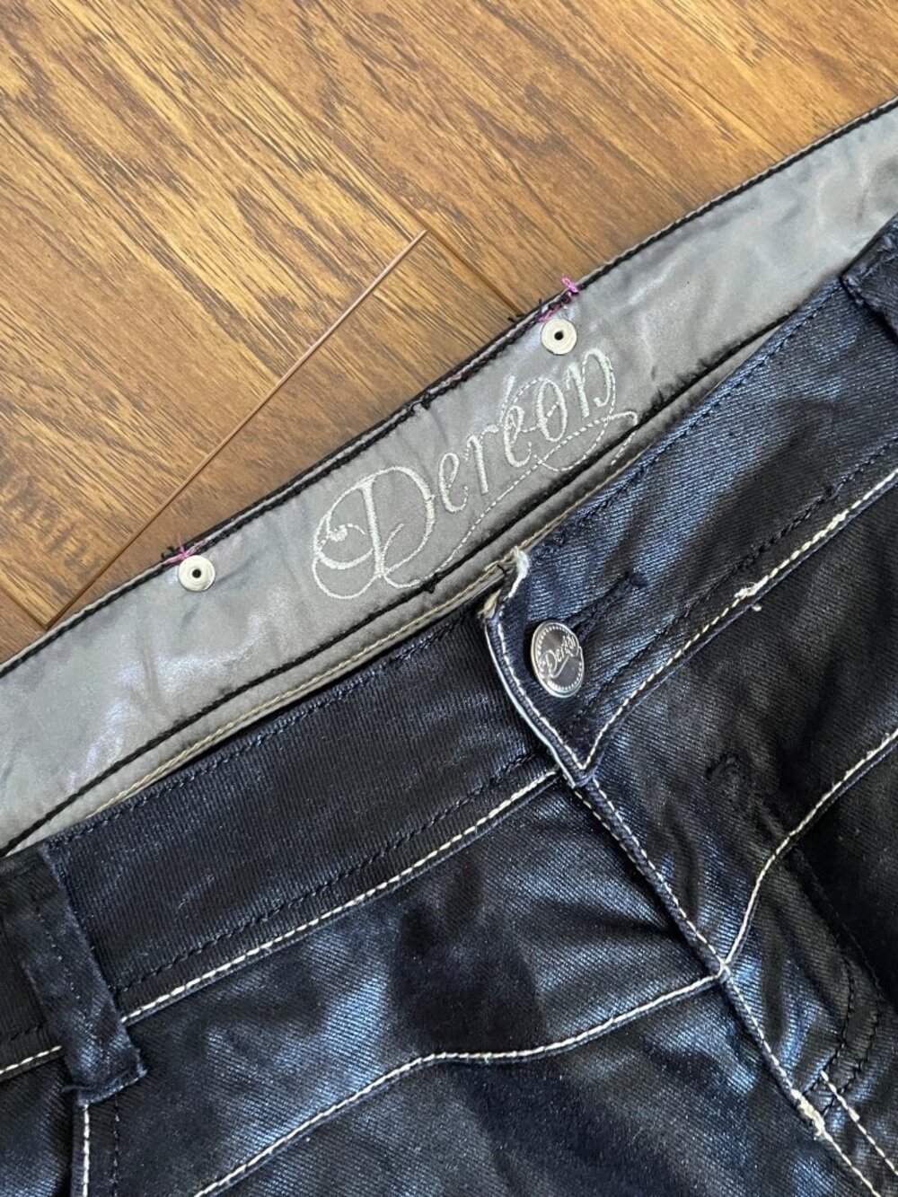 Dereon Womens Plus Size 20W Black Shiny Denim Purple Embroidery Skinny Jeans - Picture 6 of 13